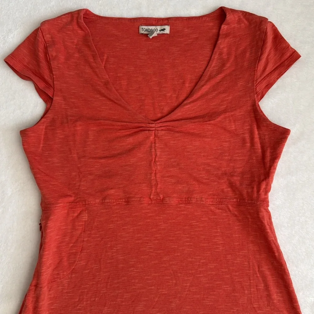 Toad & Co | Rosemarie V-Neck A-Line Cap Sleeve Dress Pocket Orange Stripe (S) - Picture 3 of 15